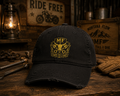 Casquette de baseball usée, casquette à tête de mort brodée, casquette vintage de motard, motif tête de mort doré, casquette style papa motard, cadeau style gothique