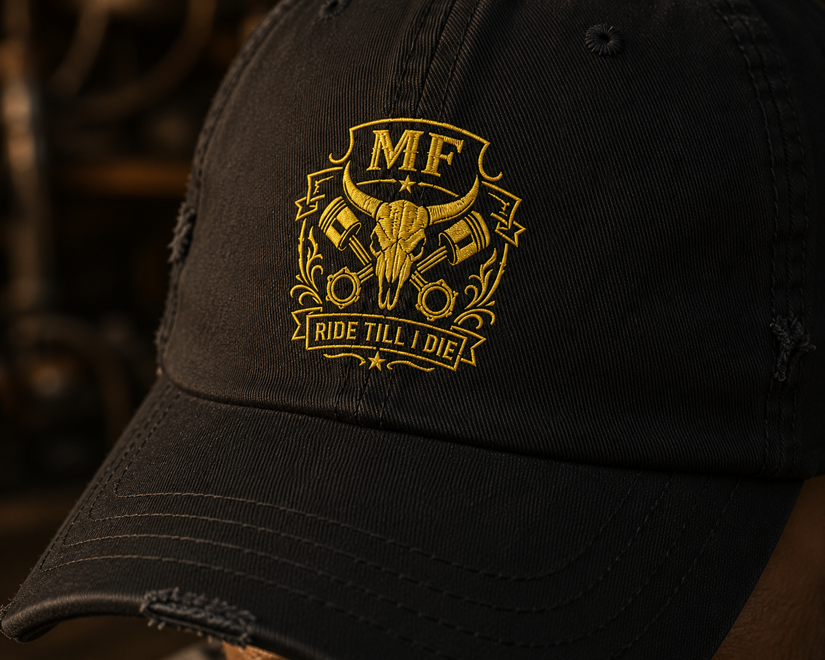 Distressed Baseball Cap, Embroidered Skull Hat, Vintage Biker Cap, Gold Skull Design, Motorcycle Dad Hat, Gothic Style Gift