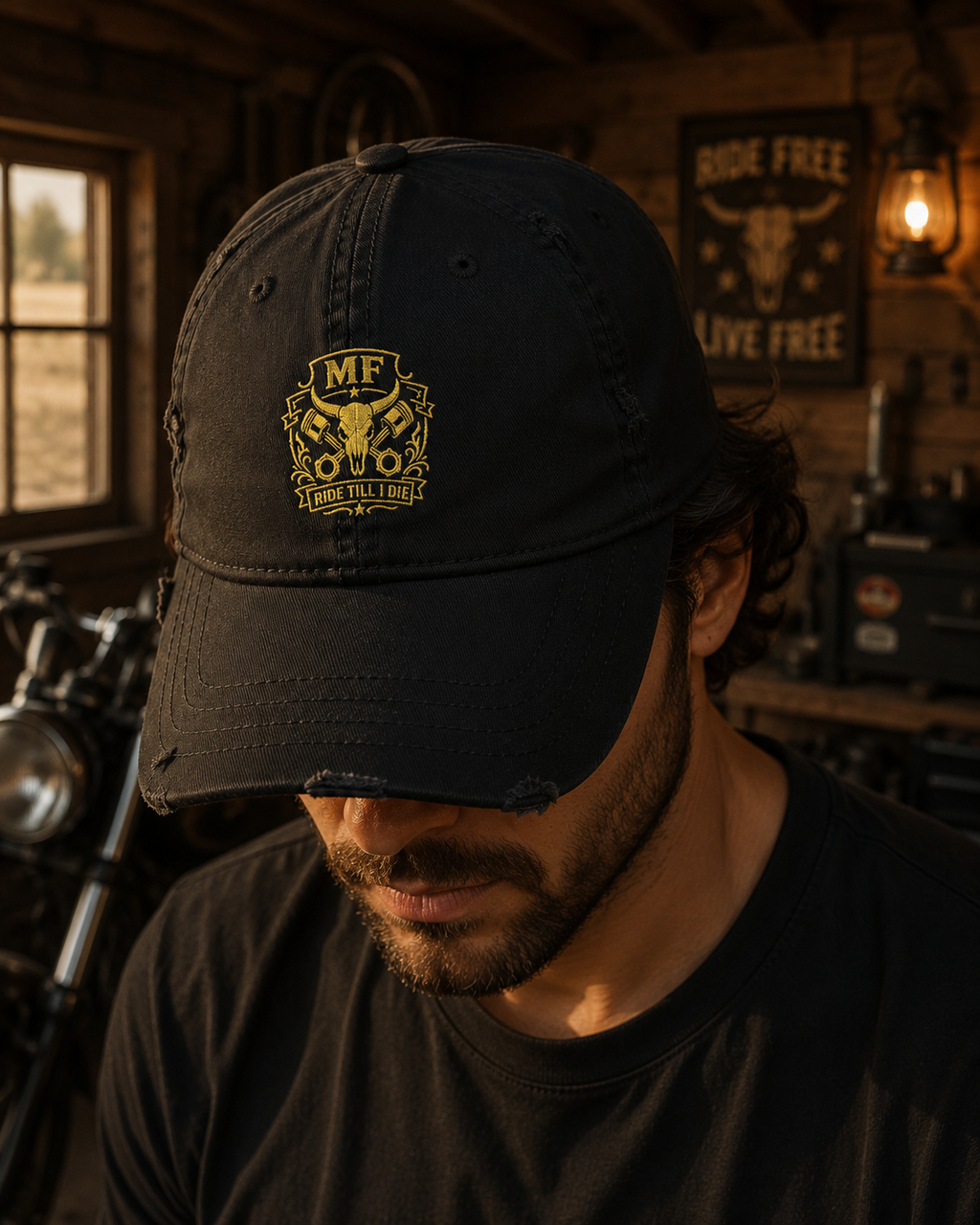 Casquette de baseball usée, casquette à tête de mort brodée, casquette vintage de motard, motif tête de mort doré, casquette style papa motard, cadeau style gothique