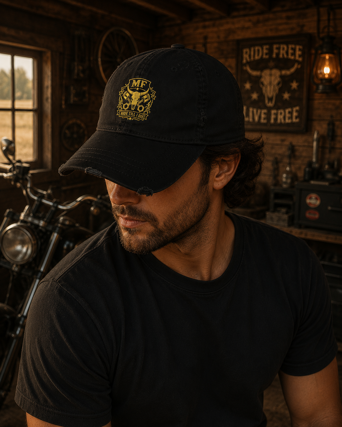 Distressed Baseball Cap, Embroidered Skull Hat, Vintage Biker Cap, Gold Skull Design, Motorcycle Dad Hat, Gothic Style Gift
