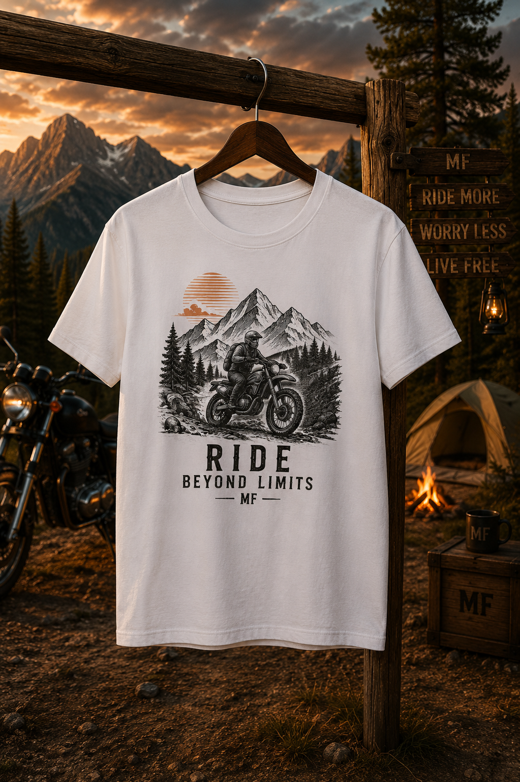 T-shirt Ride Beyond Limits | T-shirt de moto aventure | Tee-shirt montagne vintage
