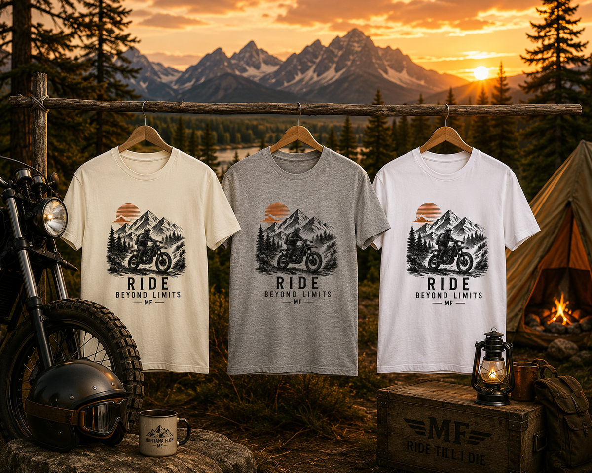 T-shirt Ride Beyond Limits | T-shirt de moto aventure | Tee-shirt montagne vintage