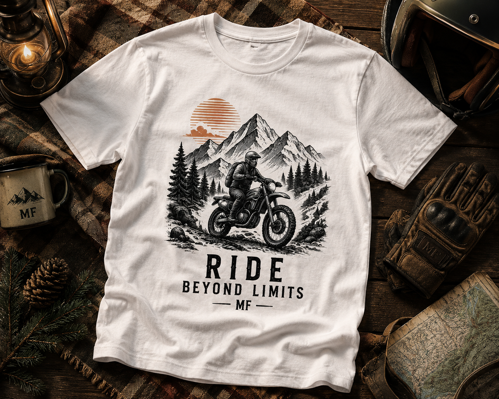 T-shirt Ride Beyond Limits | T-shirt de moto aventure | Tee-shirt montagne vintage