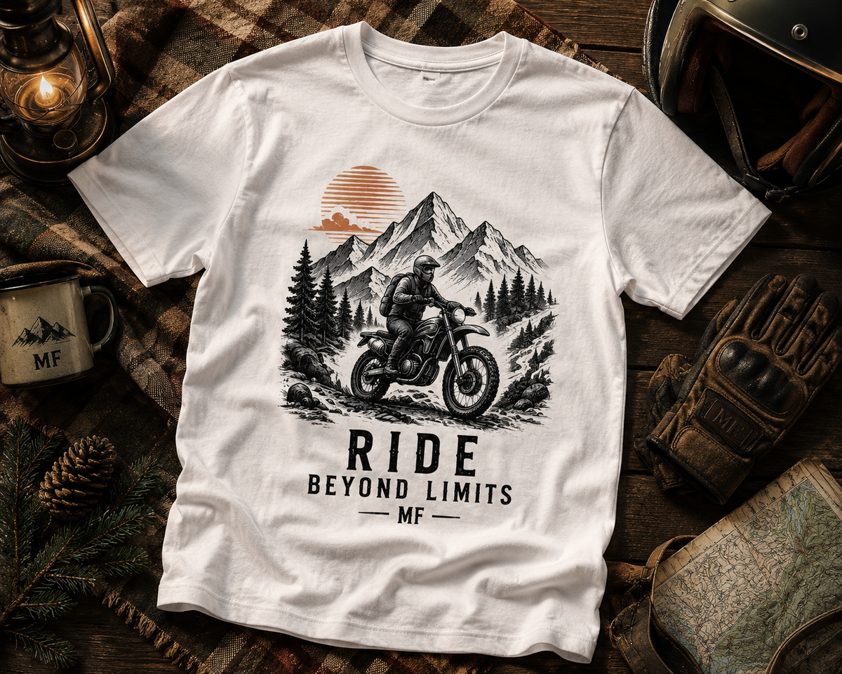 T-shirt Ride Beyond Limits | T-shirt de moto aventure | Tee-shirt montagne vintage
