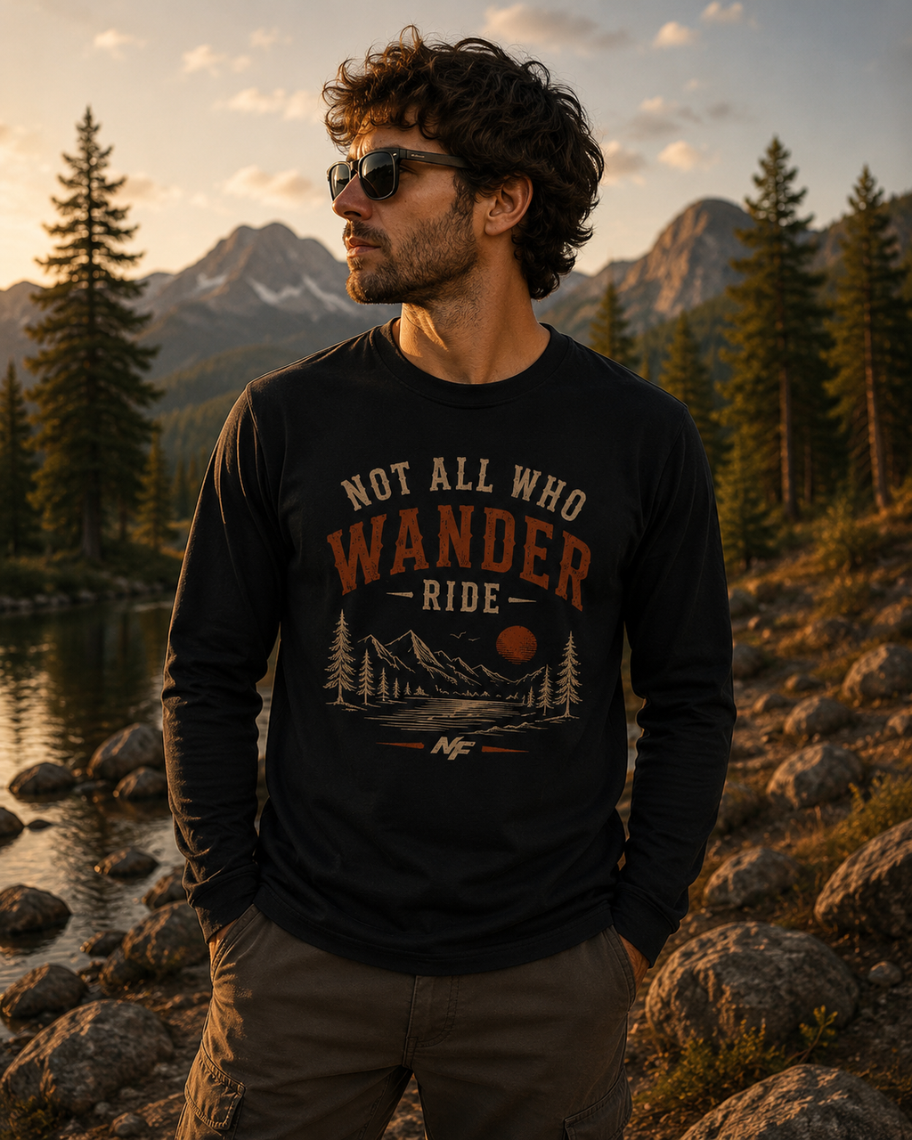 T-shirt à manches longues « Not All Who Wander Ride » | T-shirt graphique vintage d'aventure en montagne