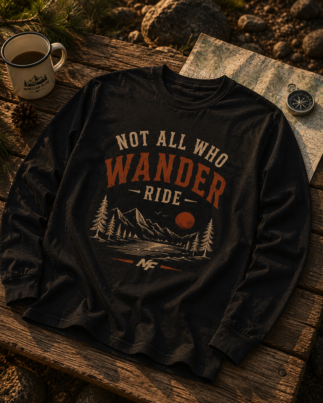 Not All Who Wander Ride Long Sleeve Shirt | Vintage Mountain Adventure Graphic Tee