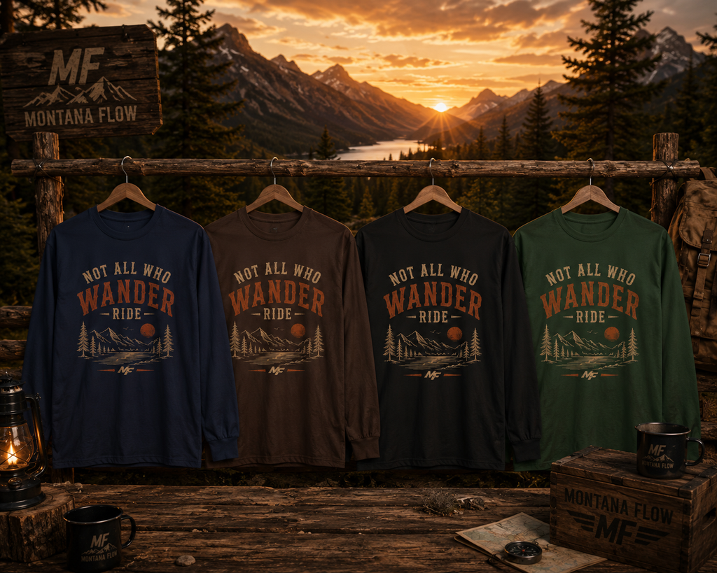 T-shirt à manches longues « Not All Who Wander Ride » | T-shirt graphique vintage d'aventure en montagne