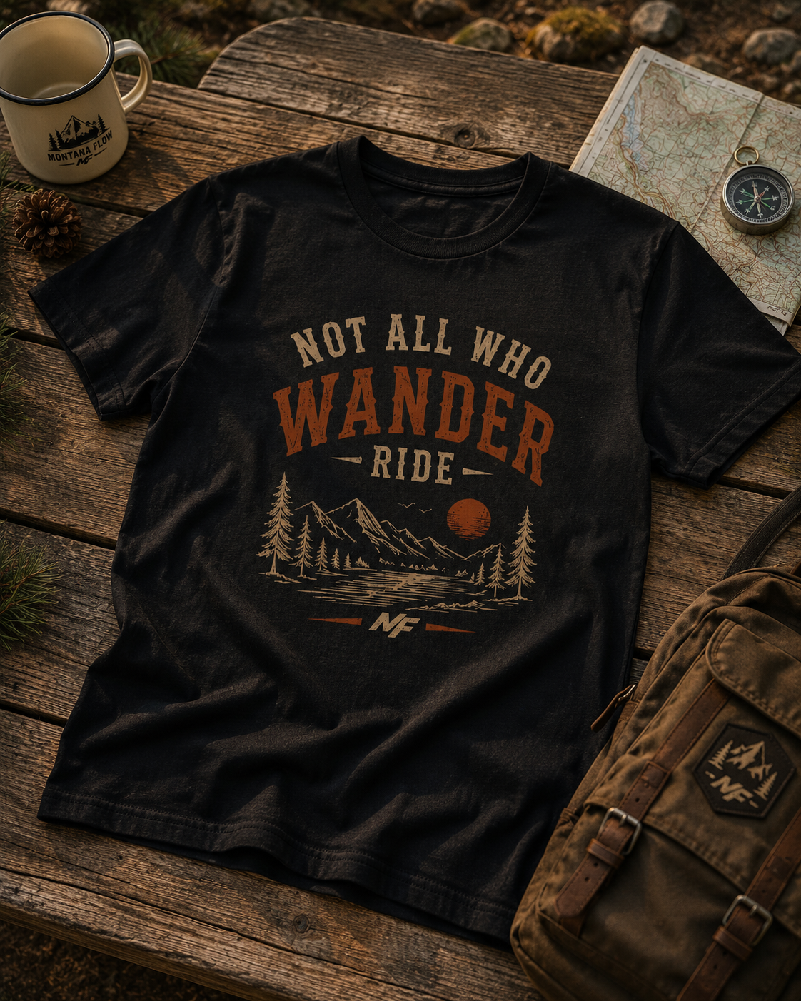 T-shirt « Not All Who Wander Ride » | T-shirt graphique vintage d'aventure