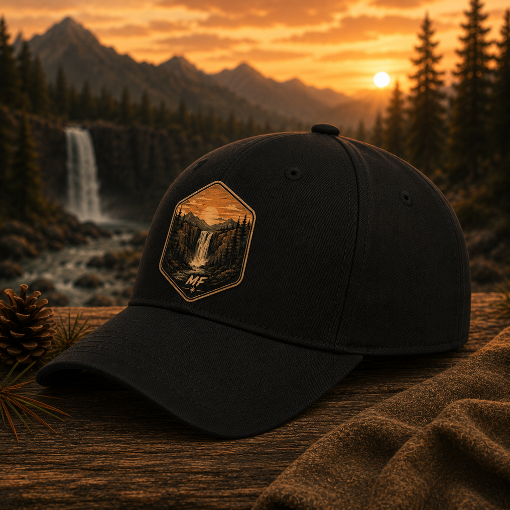 Mountain Waterfall Patch Hat | Scenic Outdoor Adventure Cap, Nature Gift