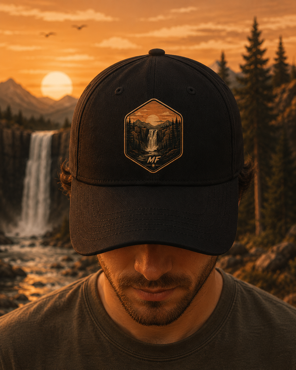 Mountain Waterfall Patch Hat | Scenic Outdoor Adventure Cap, Nature Gift