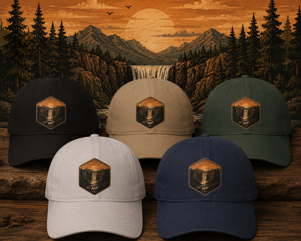 Mountain Waterfall Patch Hat | Scenic Outdoor Adventure Cap, Nature Gift