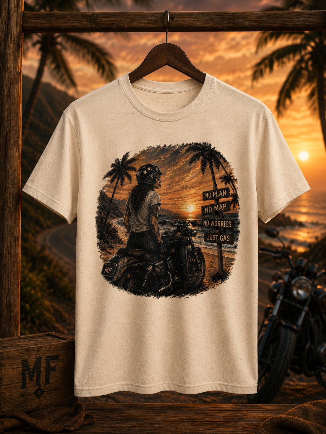 T-shirt « No Plan No Map Just Gas » | T-shirt graphique de motard au coucher du soleil, haut pour road trip à moto