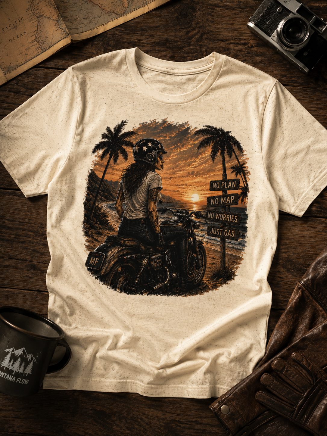 T-shirt « No Plan No Map Just Gas » | T-shirt graphique de motard au coucher du soleil, haut pour road trip à moto
