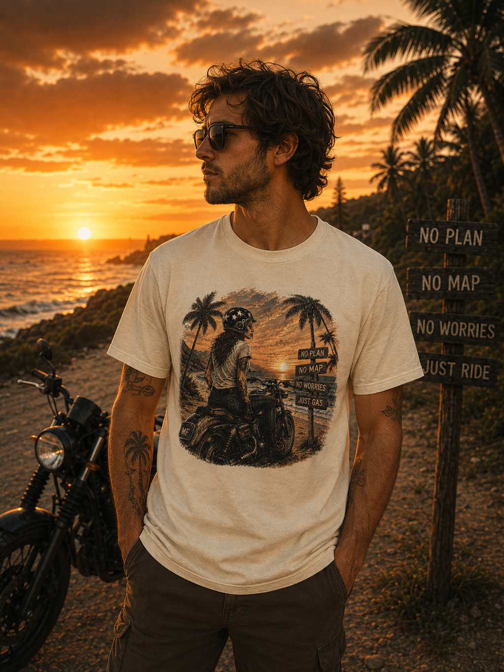 T-shirt « No Plan No Map Just Gas » | T-shirt graphique de motard au coucher du soleil, haut pour road trip à moto
