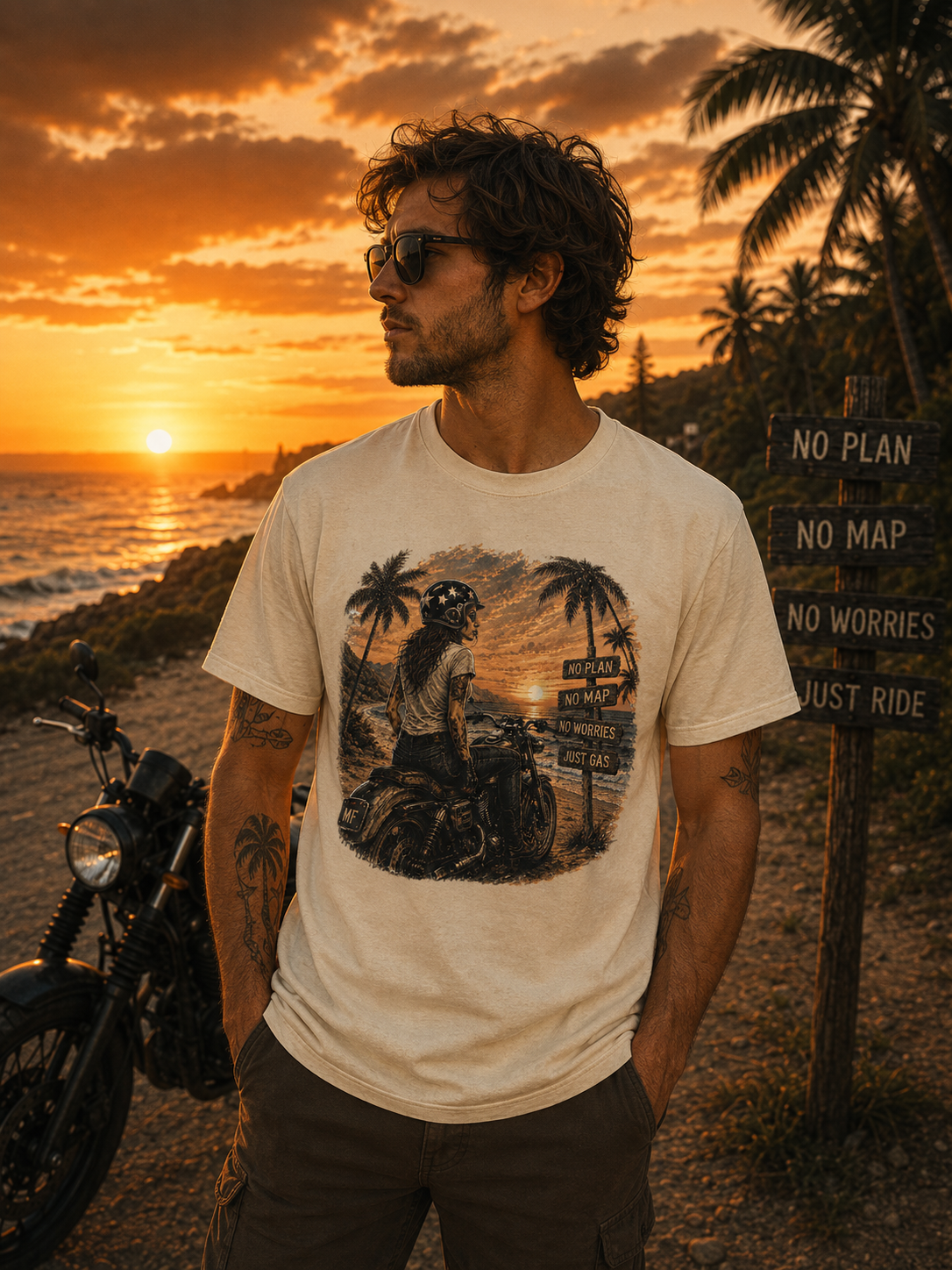 T-shirt « No Plan No Map Just Gas » | T-shirt graphique de motard au coucher du soleil, haut pour road trip à moto
