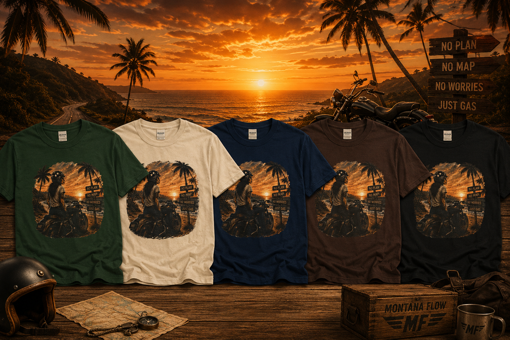T-shirt « No Plan No Map Just Gas » | T-shirt graphique de motard au coucher du soleil, haut pour road trip à moto