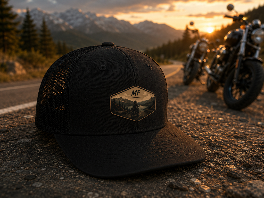 Casquette trucker à patch Ride Into the Wild | Casquette de moto Mountain Road