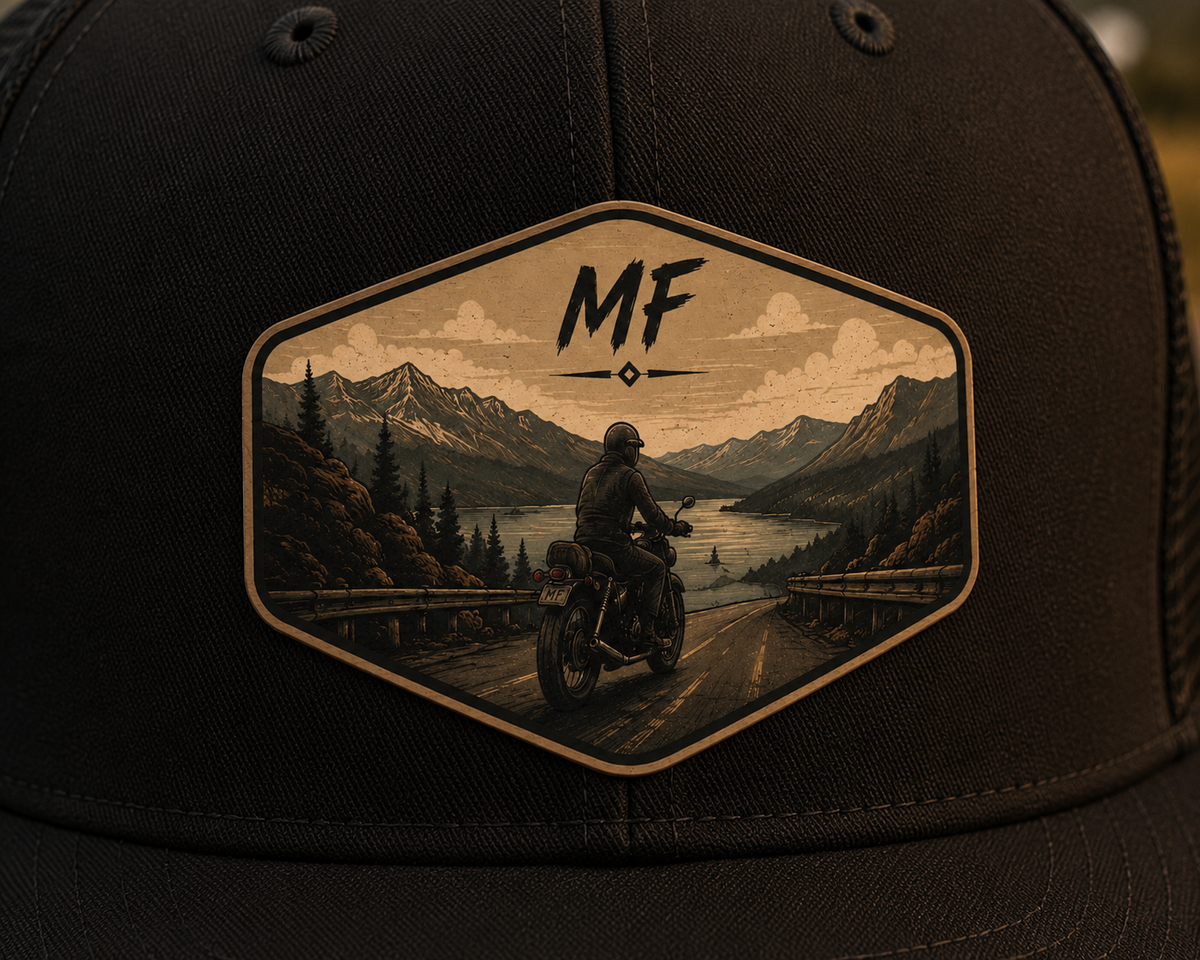 Ride Into the Wild Patch Trucker Hat | Mountain Road Motorcycle Cap