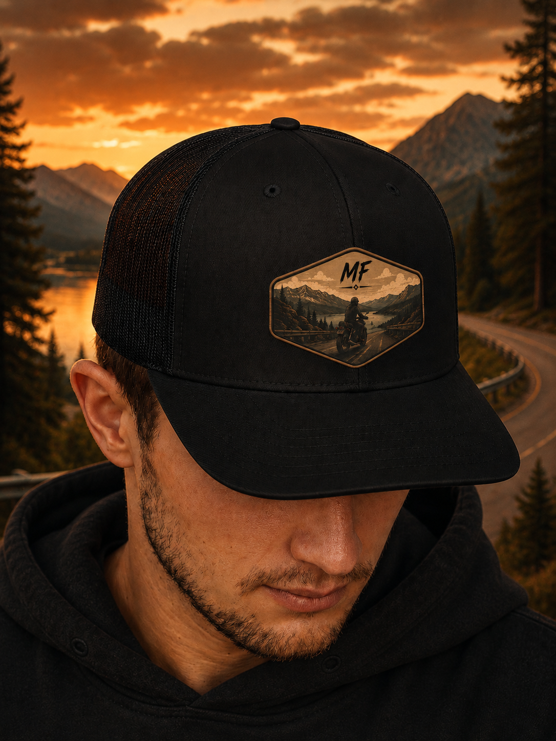 Ride Into the Wild Patch Trucker Hat | Mountain Road Motorcycle Cap