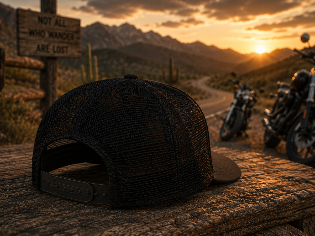 Ride Into the Wild Patch Trucker Hat | Mountain Road Motorcycle Cap