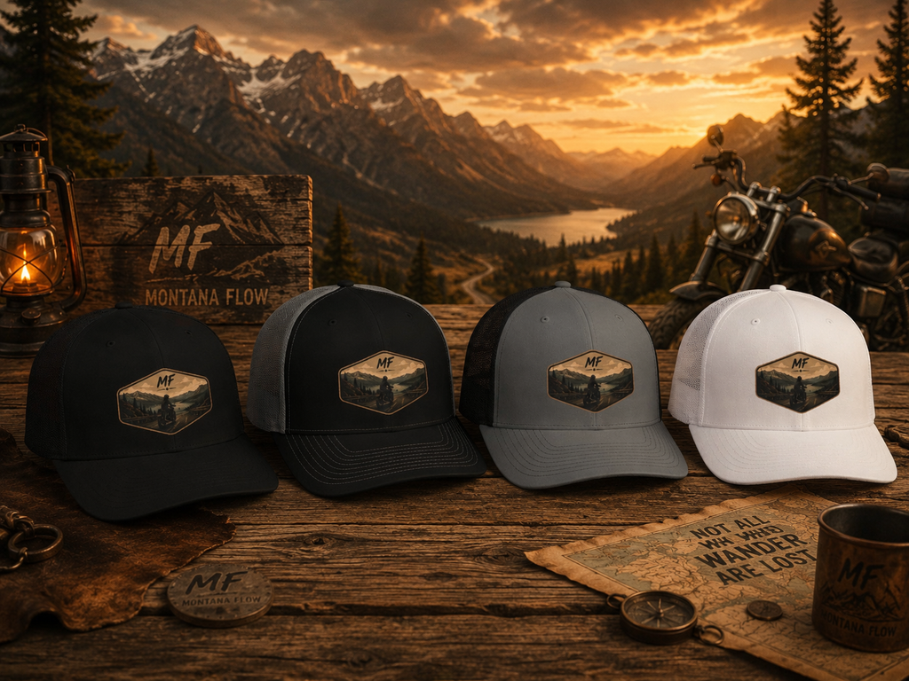 Casquette trucker à patch Ride Into the Wild | Casquette de moto Mountain Road