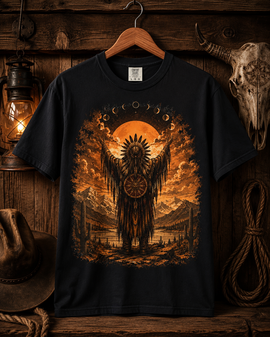 T-shirt chaman esprit natif | T-shirt graphique western lune au coucher du soleil, chemise bohème désert