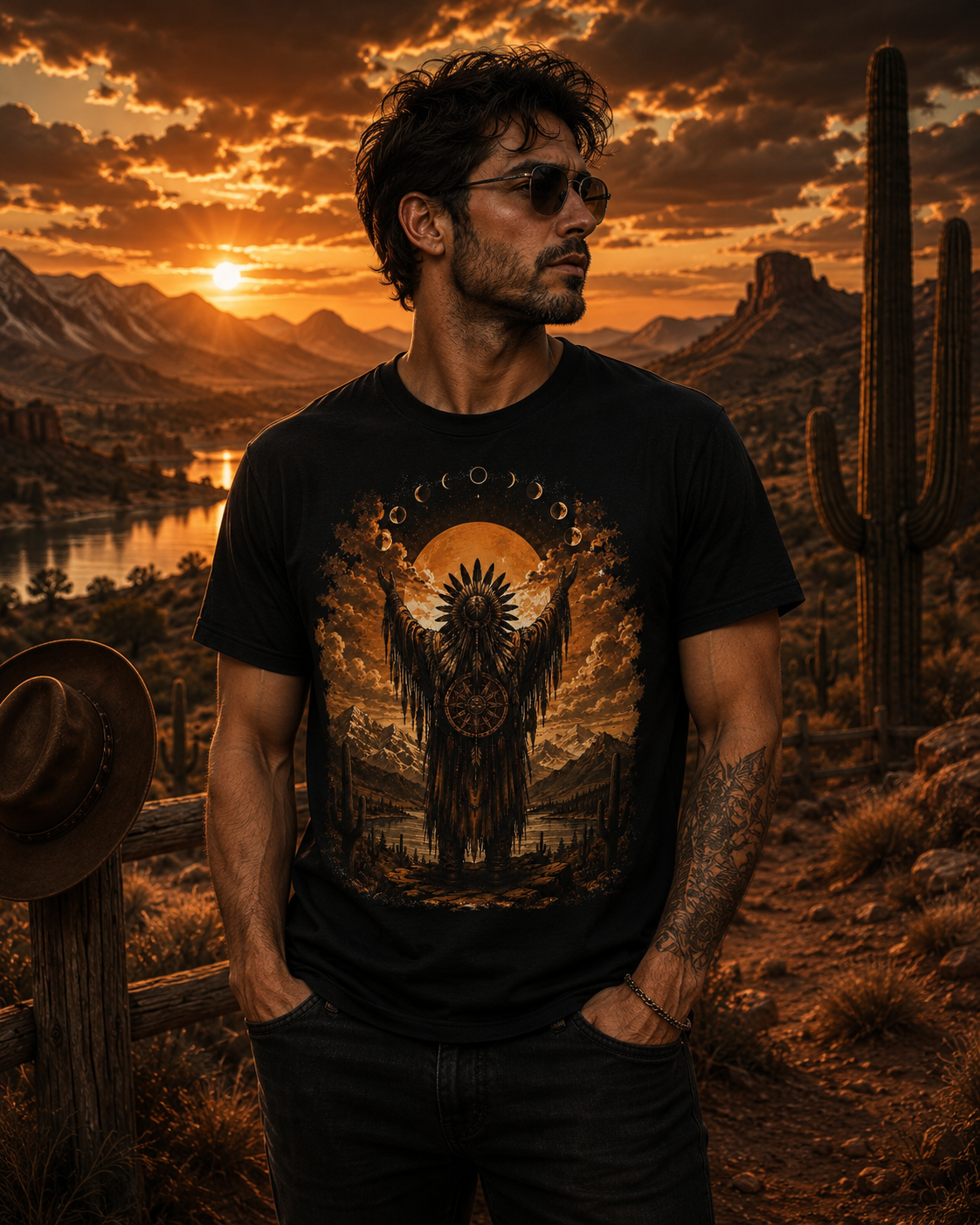 T-shirt chaman esprit natif | T-shirt graphique western lune au coucher du soleil, chemise bohème désert