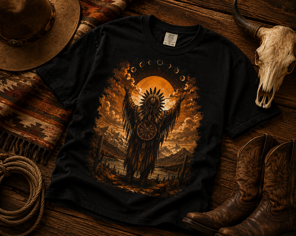 T-shirt chaman esprit natif | T-shirt graphique western lune au coucher du soleil, chemise bohème désert