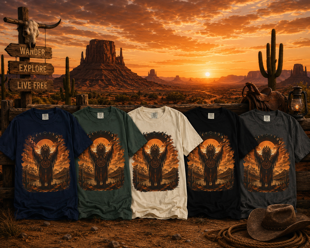 T-shirt chaman esprit natif | T-shirt graphique western lune au coucher du soleil, chemise bohème désert