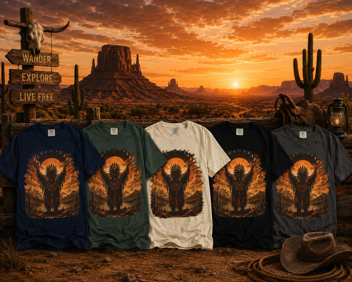 T-shirt chaman esprit natif | T-shirt graphique western lune au coucher du soleil, chemise bohème désert