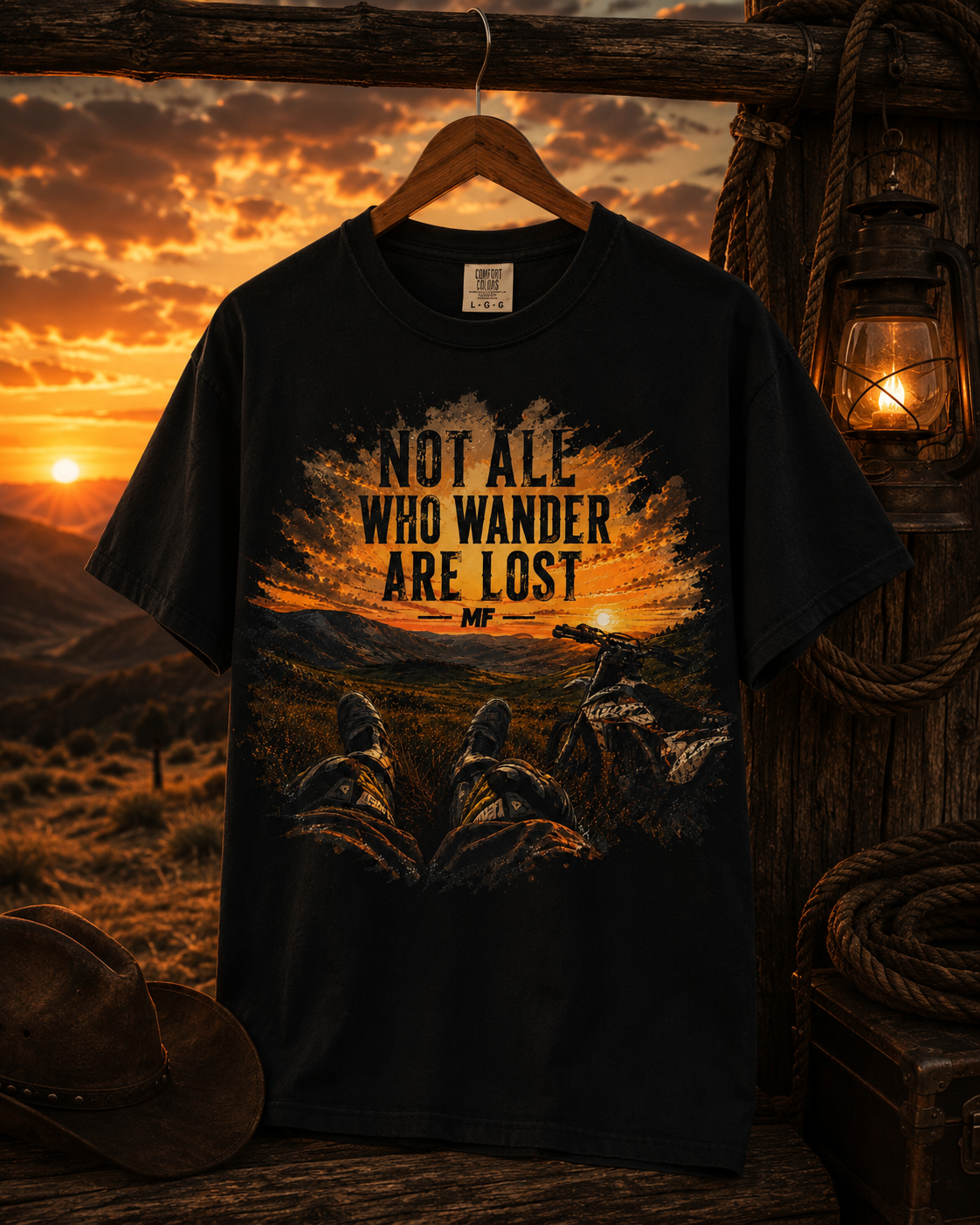 T-shirt « Not All Who Wander Are Lost » | T-shirt aventure moto au coucher du soleil
