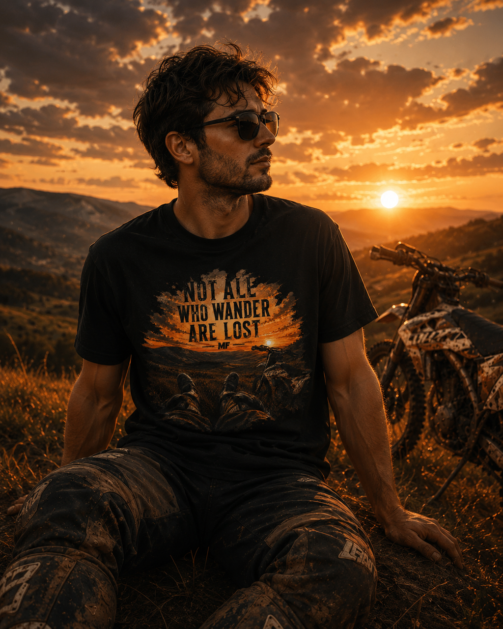 T-shirt « Not All Who Wander Are Lost » | T-shirt aventure moto au coucher du soleil