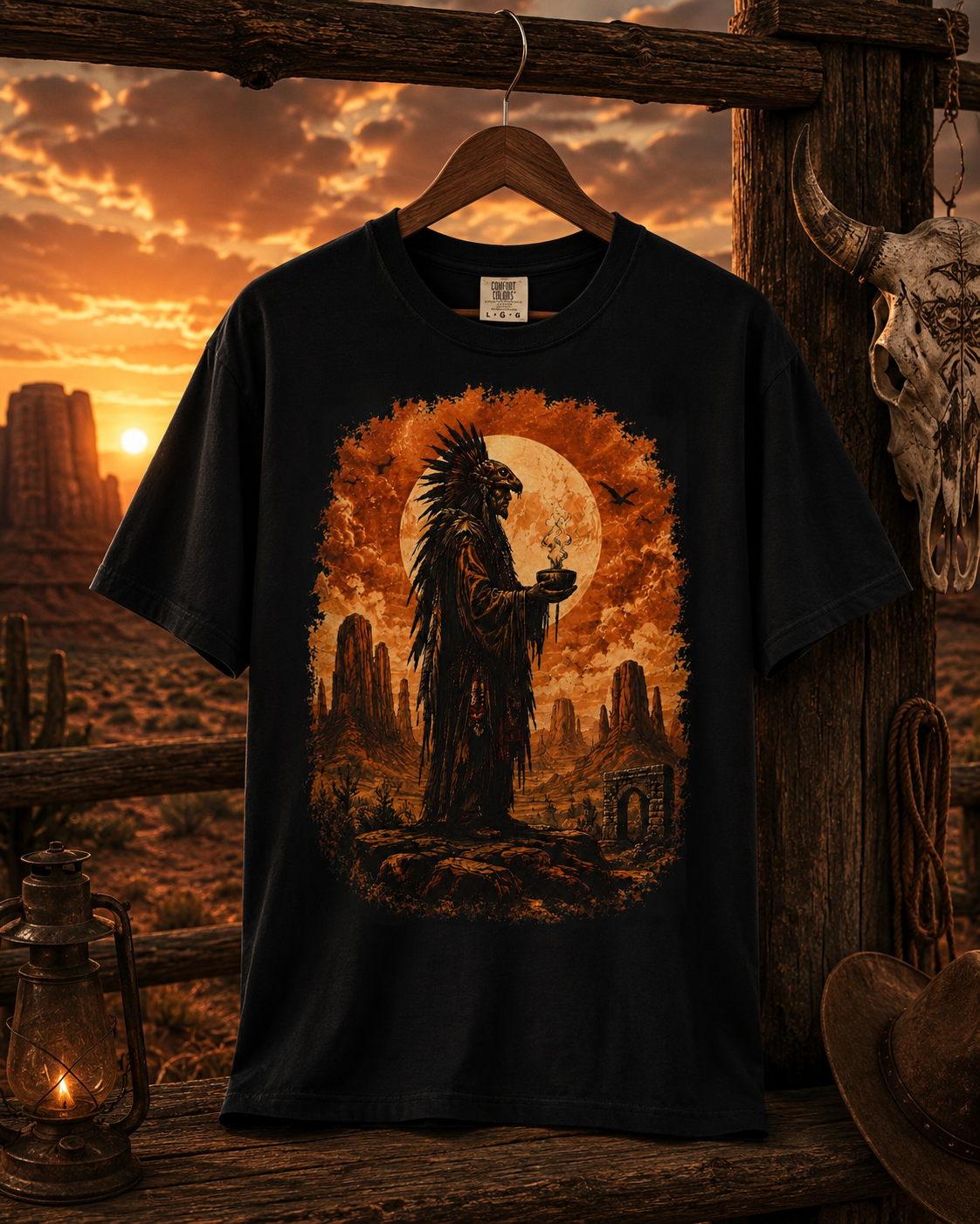 T-shirt silhouette de chef autochtone dans le désert | Illustration coucher de soleil et lune style western