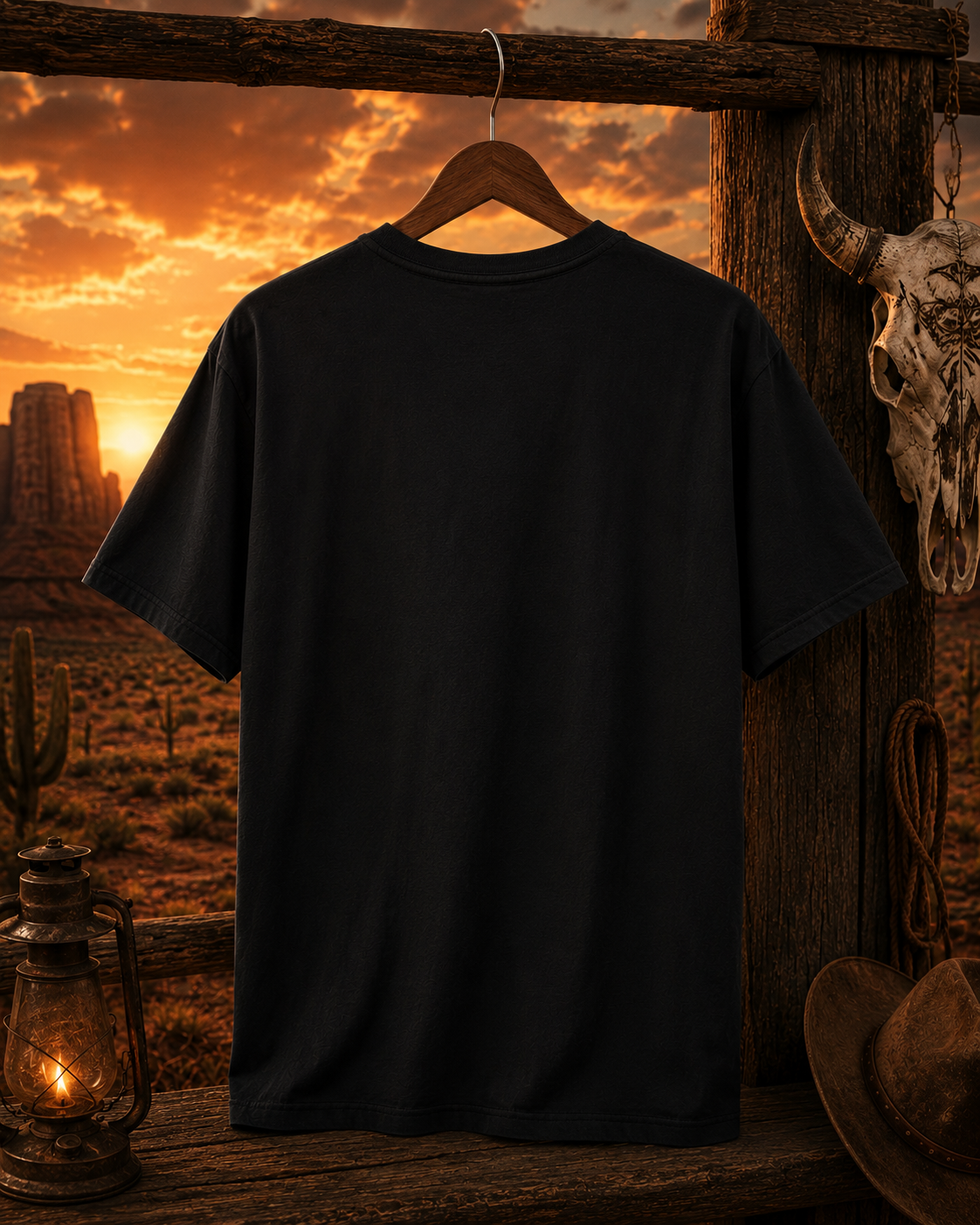 T-shirt silhouette de chef autochtone dans le désert | Illustration coucher de soleil et lune style western