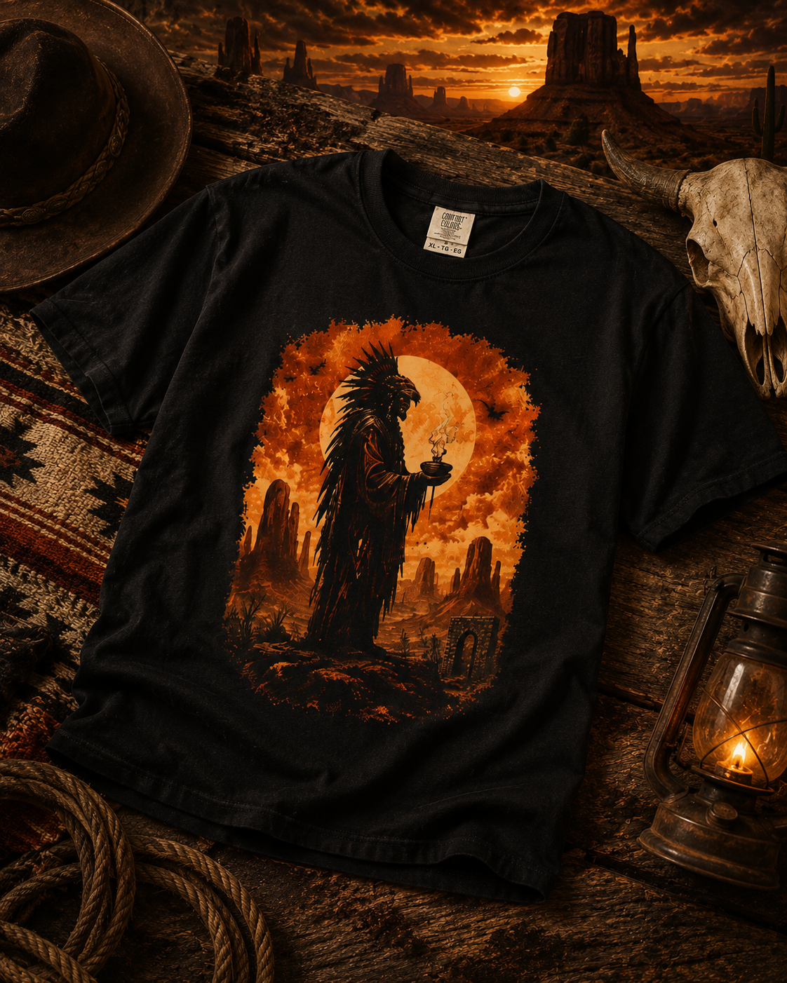 T-shirt silhouette de chef autochtone dans le désert | Illustration coucher de soleil et lune style western