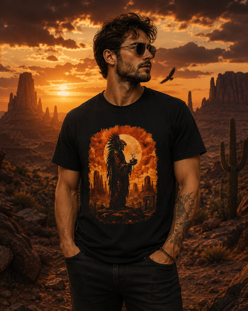T-shirt silhouette de chef autochtone dans le désert | Illustration coucher de soleil et lune style western