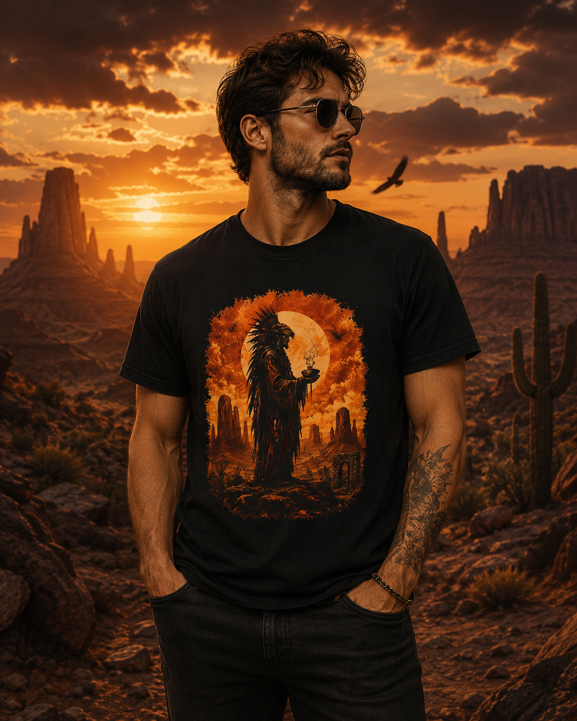 T-shirt silhouette de chef autochtone dans le désert | Illustration coucher de soleil et lune style western