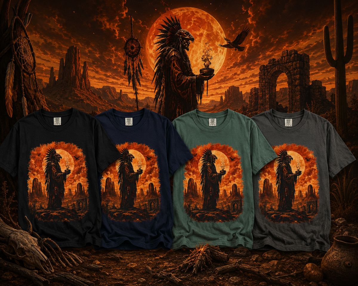 T-shirt silhouette de chef autochtone dans le désert | Illustration coucher de soleil et lune style western