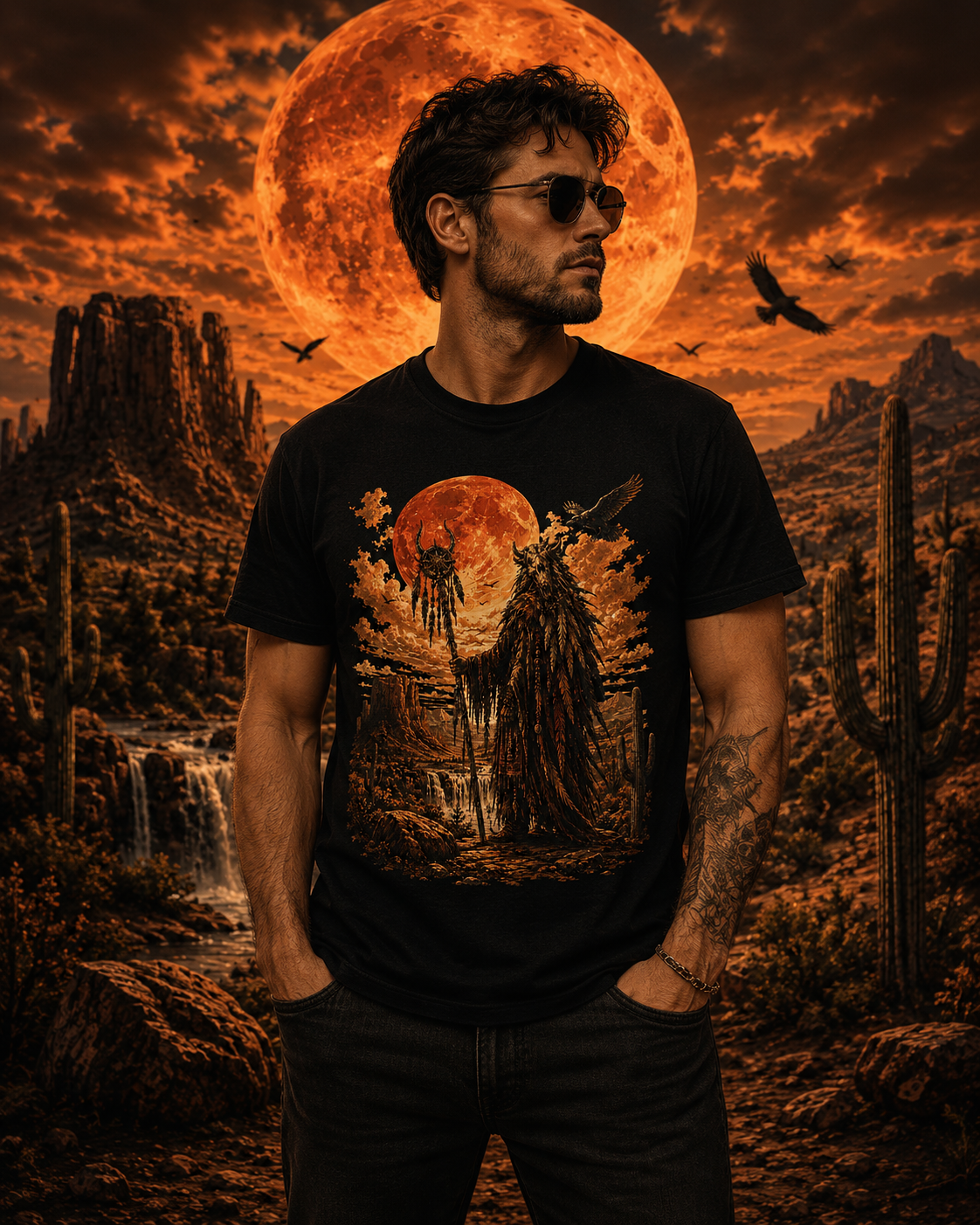 Desert Shaman Blood Moon T-Shirt | Spirit Walker Western Gothic Tee