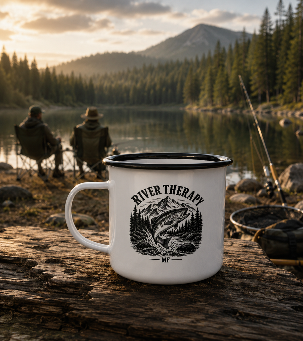 River Therapy Enamel Camp Mug | Trout Fishing Camping Cup
