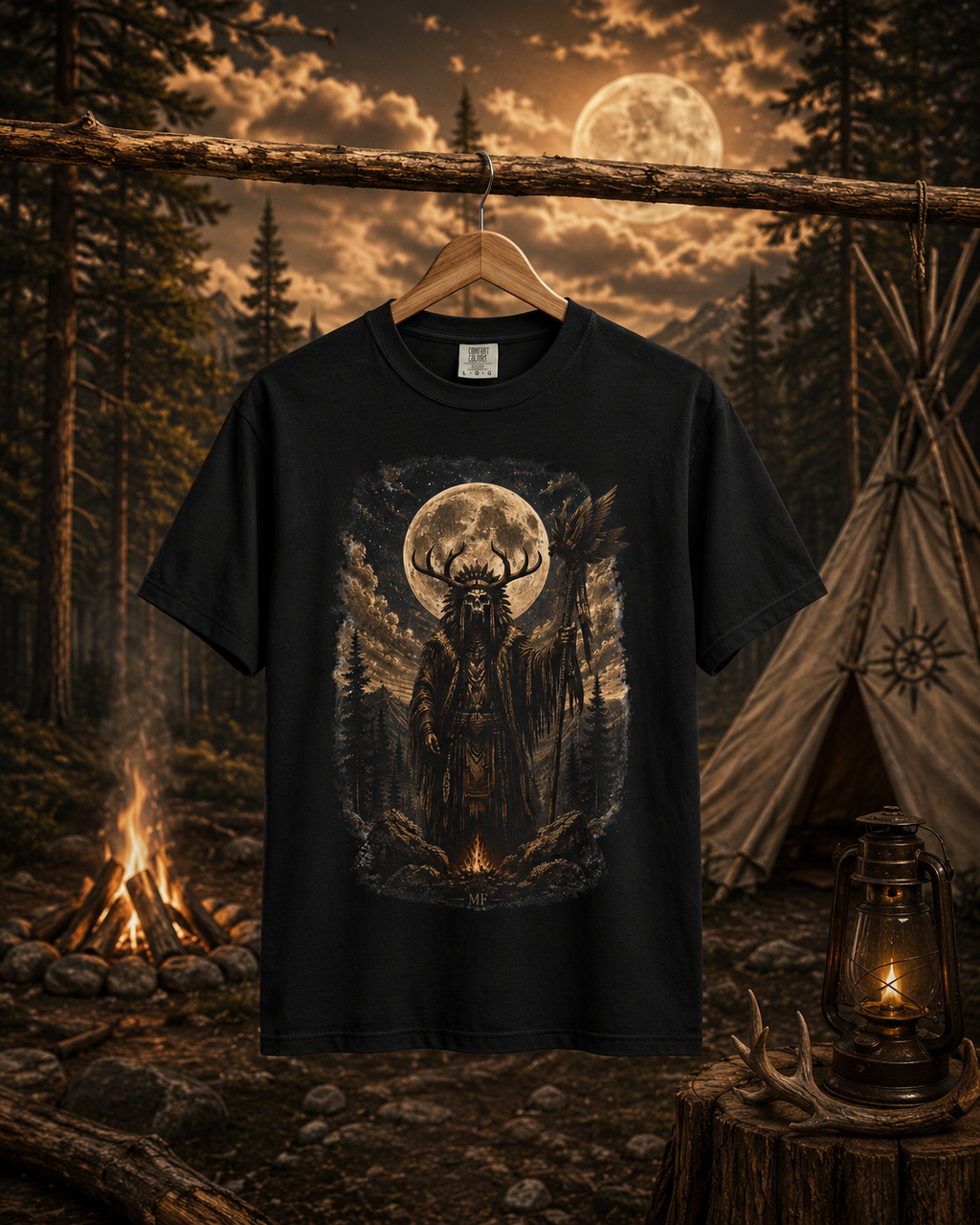 T-shirt Chaman de la forêt | Haut graphique Esprit amérindien Crâne de cerf lunaire