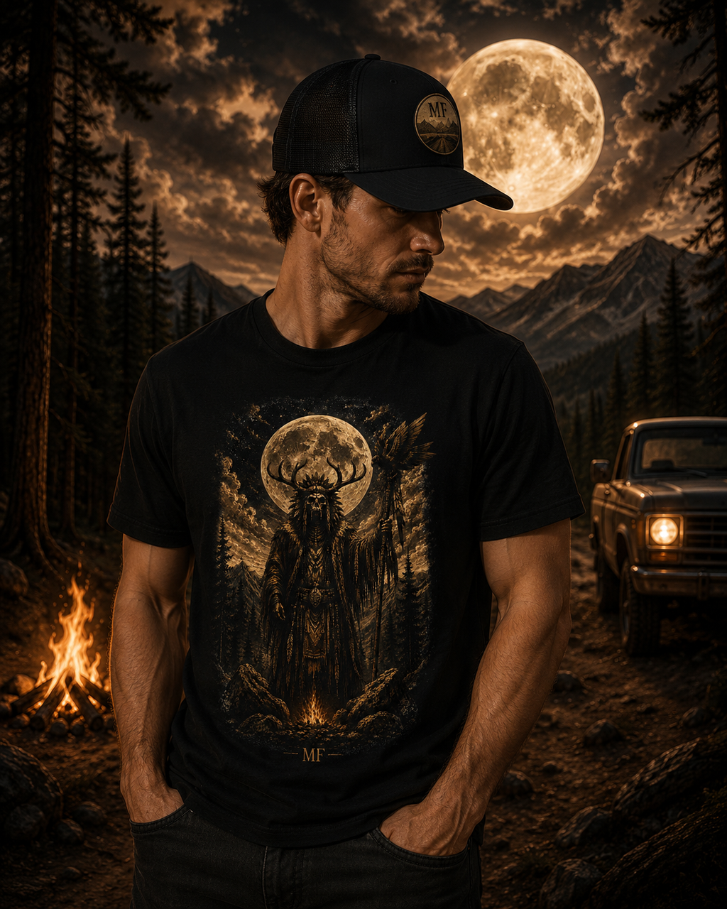 T-shirt Chaman de la forêt | Haut graphique Esprit amérindien Crâne de cerf lunaire