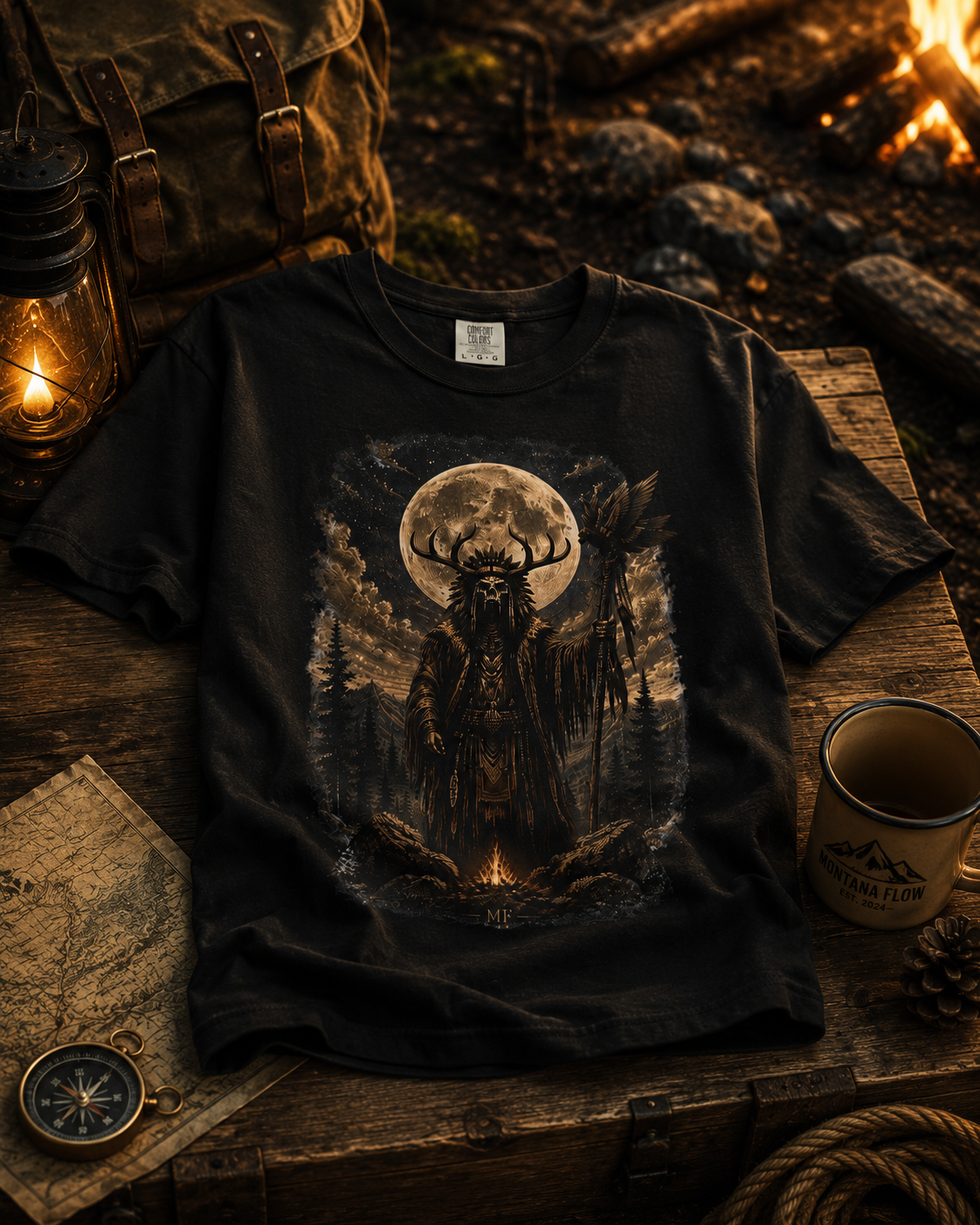T-shirt Chaman de la forêt | Haut graphique Esprit amérindien Crâne de cerf lunaire