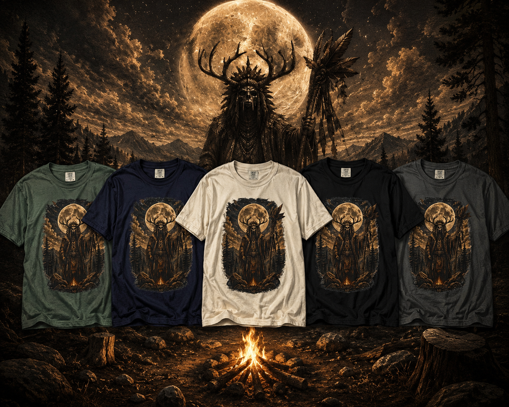 T-shirt Chaman de la forêt | Haut graphique Esprit amérindien Crâne de cerf lunaire