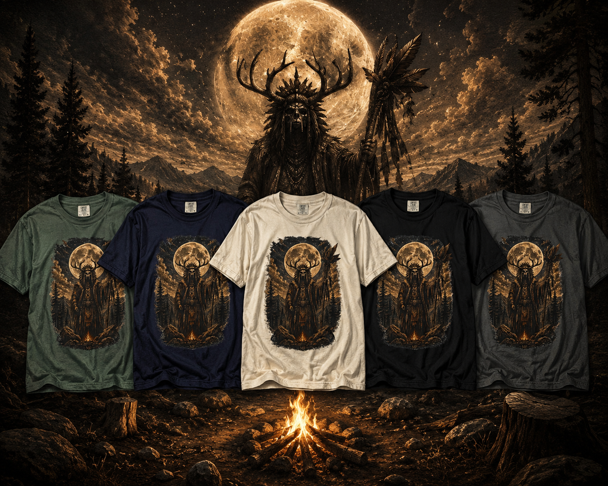 T-shirt Chaman de la forêt | Haut graphique Esprit amérindien Crâne de cerf lunaire