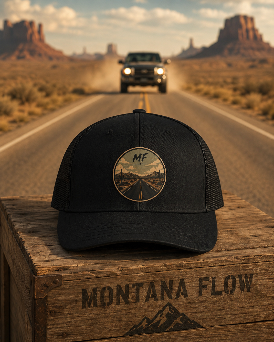 Mountain Road Patch Snapback Hat, Vintage Desert Trucker Cap