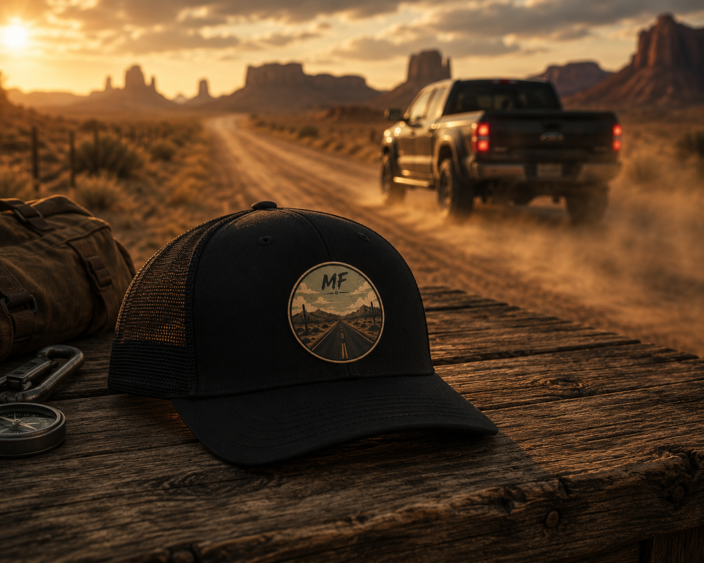 Mountain Road Patch Snapback Hat, Vintage Desert Trucker Cap