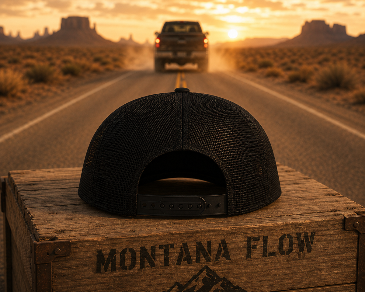 Mountain Road Patch Snapback Hat, Vintage Desert Trucker Cap