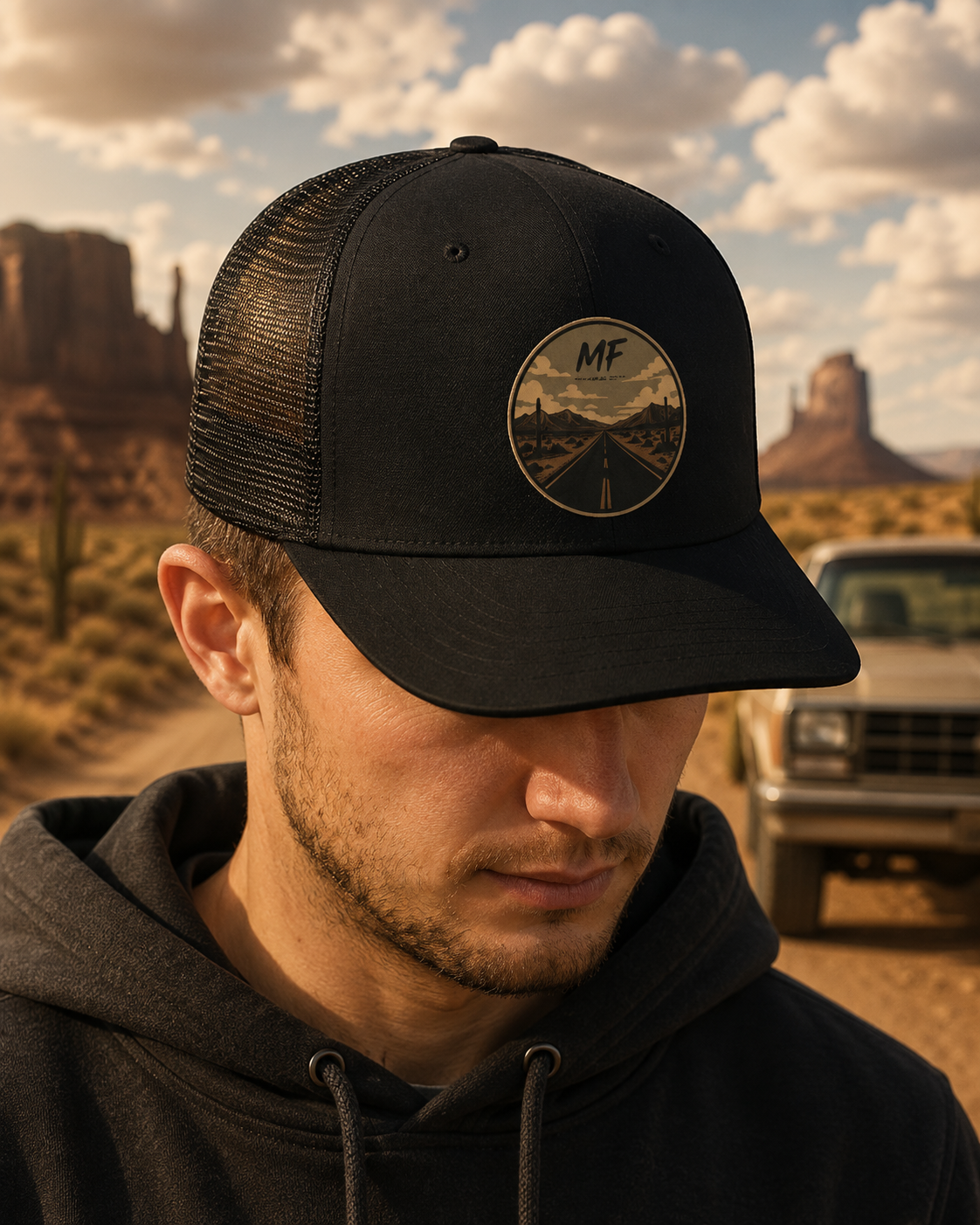 Mountain Road Patch Snapback Hat, Vintage Desert Trucker Cap