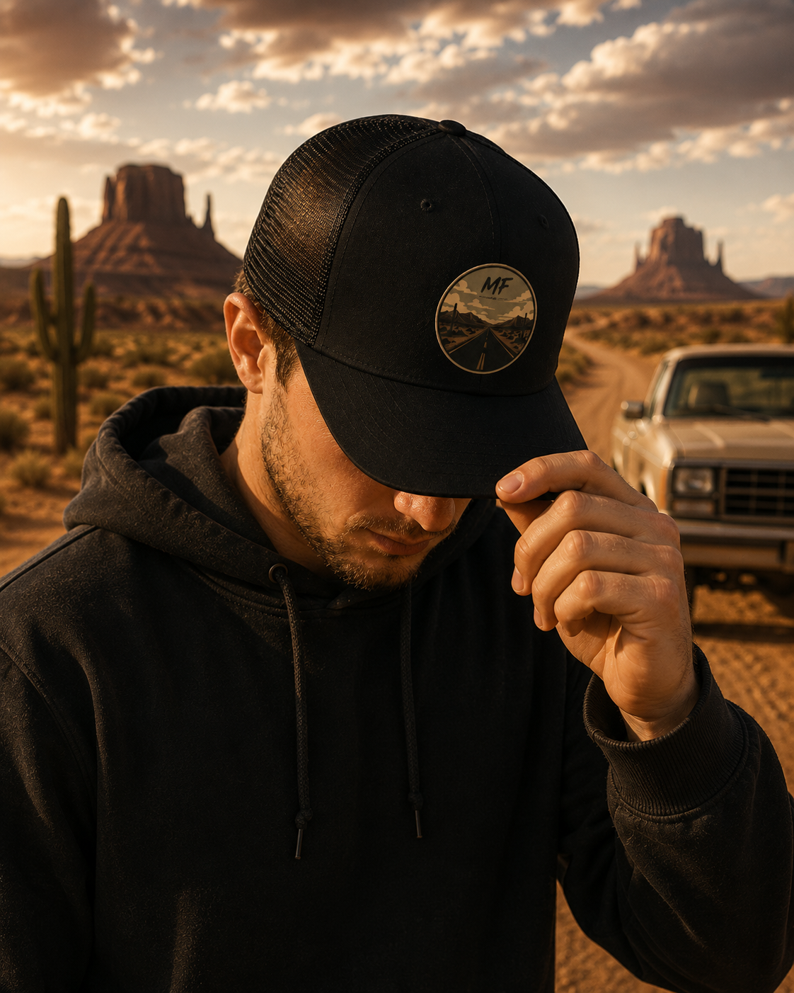 Mountain Road Patch Snapback Hat, Vintage Desert Trucker Cap